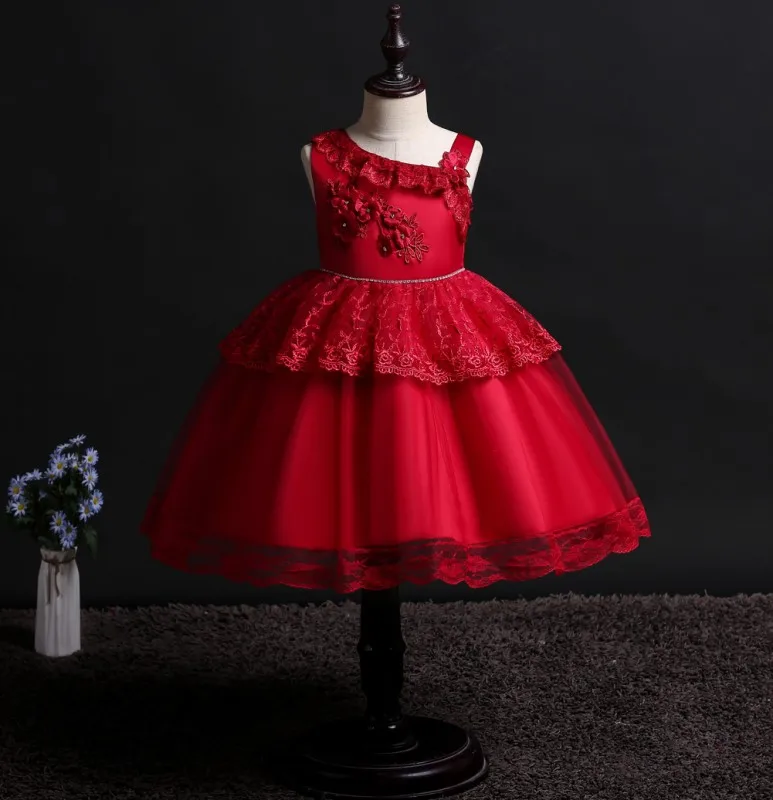 Новое платье для девочек кружевная детская футболка, Детская фортепиано костюм платье кружевные бальные платья без рукавов платье принцессы вечерние праздничная одежда на День независимости США, Европа и Америка - Цвет: Красный