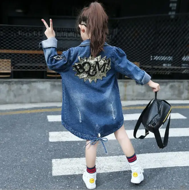 

kids denim jacket 2019 fall girl cotton sequins coats fashion high-grade princess clothing children Trench coat
