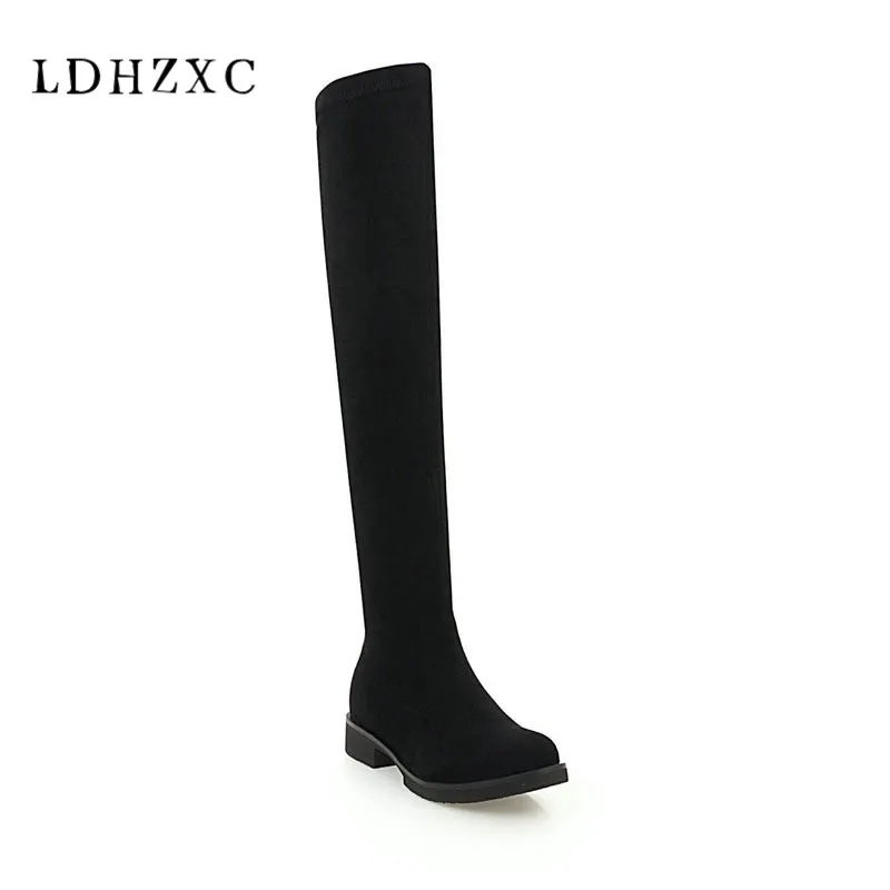 

LDHZXC Ladies Autumn/Spring Shoes Square Heel Women Over The Knee Boots Scrub Black Woman Motorcycle Boots Size 34-46