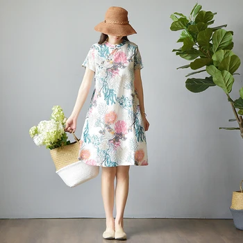 

2020 women v collar cheongsam dresses adjusted ladies vintage ramie dress female ramie print qipao dress