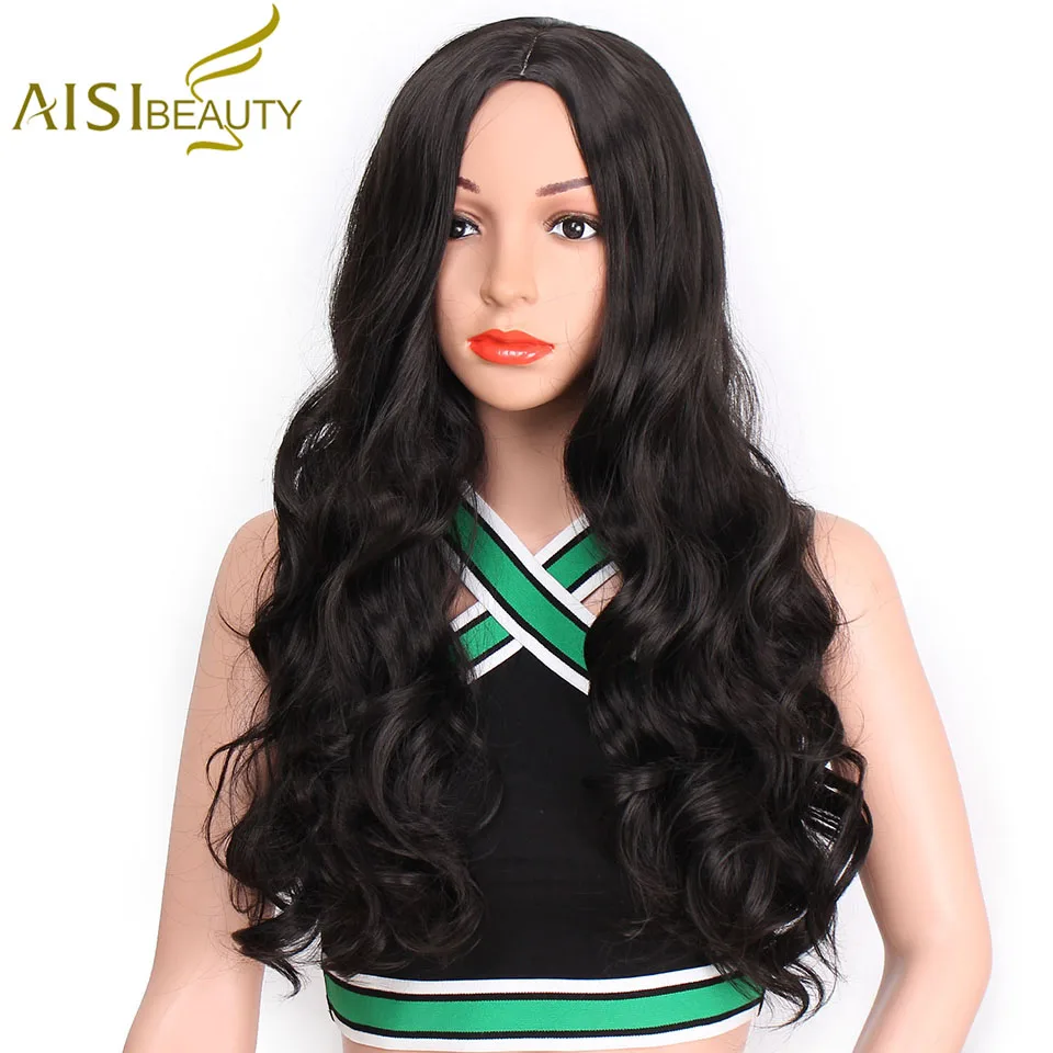 AISI красоты 28 "Длинные Волнистые черный синтетический парик жаропрочных средней части для черный Для женщин Бесплатная доставка Glueless
