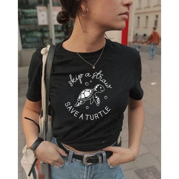 Skip a Straw Save a Turtle Unisex Summer Black Cute T Shirt