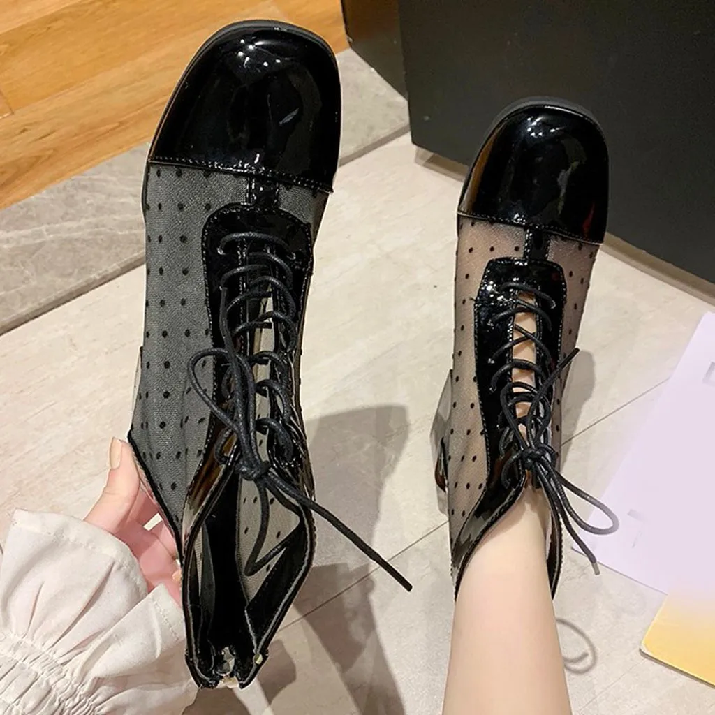 

Transparent Boots Women Autumn Winter 2019 Sexy Fashion Round Toe Mesh Dot Printed Lace-Up ankle boots for women botas mujer