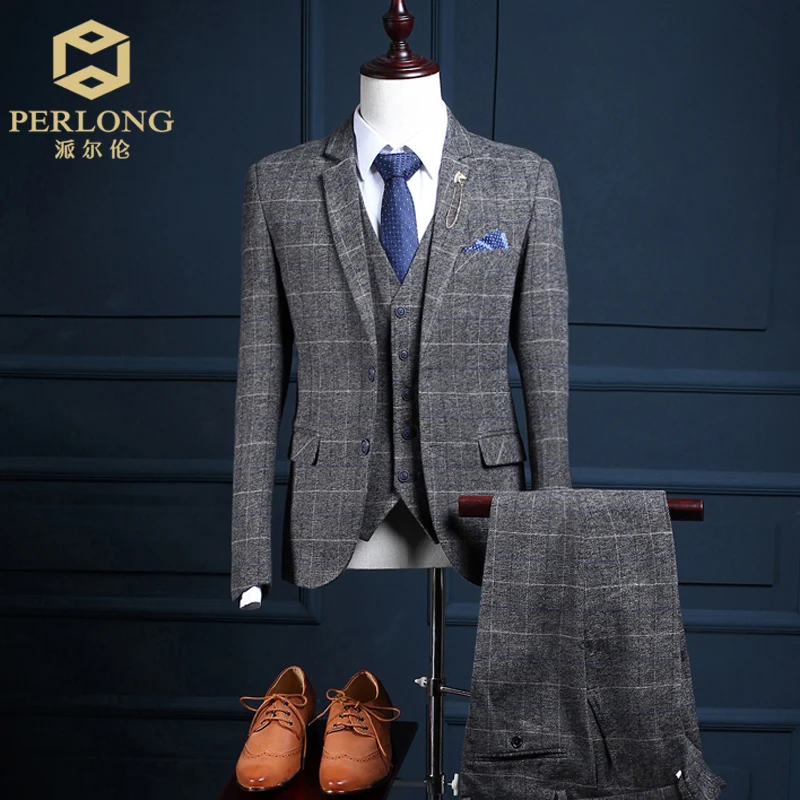 Us 874 5 Offterbaru Mantel Celana Desain Wol Abu Abu Ckeck Tweed Pria Setelan Blazer Retro Slim Fit Gaun Pesta Pernikahan Pengantin Pria Tuxedo 3