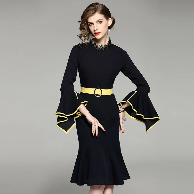 

Multiflora 2018 autumn new Mermaid Ruffles neck flare sleeves lace back mermaid Asymmetric Party Dress With Belt color block