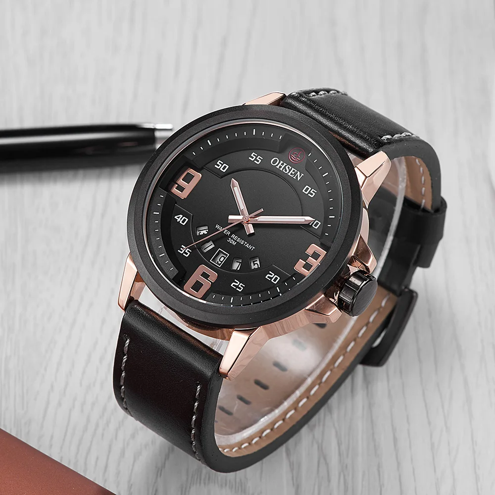 

Relogio Masculino Luxury Brand OHSEN Business Dress Watch Men Leather Strap Watch Mans Male Date Display Quartz Wristwatch Saat