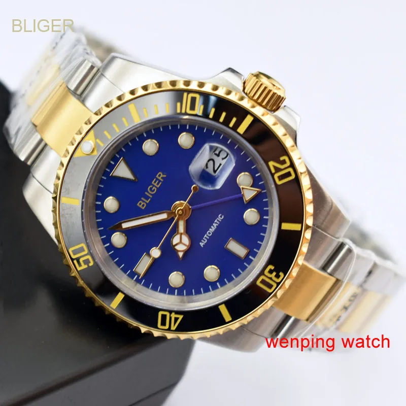 1 шт. Bliger 40 мм синий циферблат GMT керамический Безель золотые боковые раковины стальной-Золотой ремешок автоматические мужские часы E2425 - Цвет: number 12