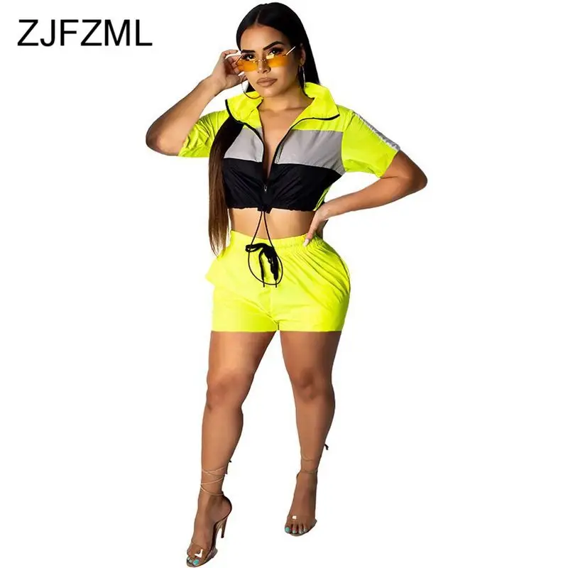 

Color Block Sexy 2 Piece Matching Sets Women Front Zipper Short Sleeve Crop Top And Biker Shorts Neon Yellow Outfits Tracksuits