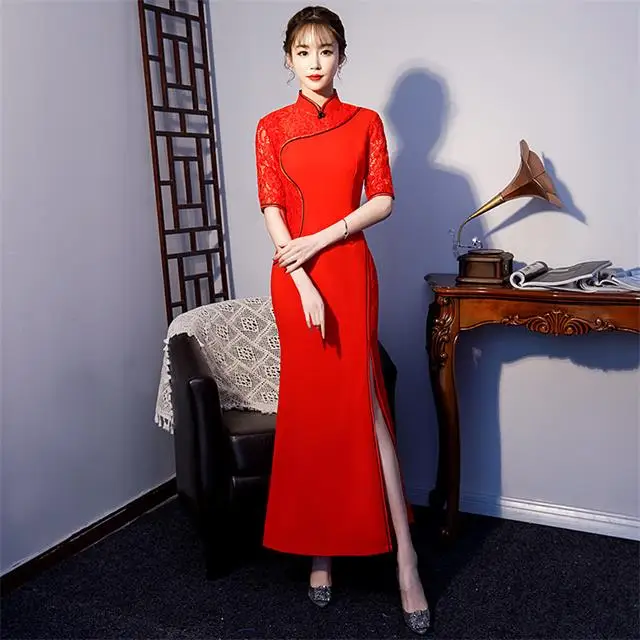 RED Новая мода женские шелковые кружева Cheongsam Топ Китайский Винтаж Кнопка Qipao платье халат De Soiree Размер S M L XL XXL - Цвет: RED