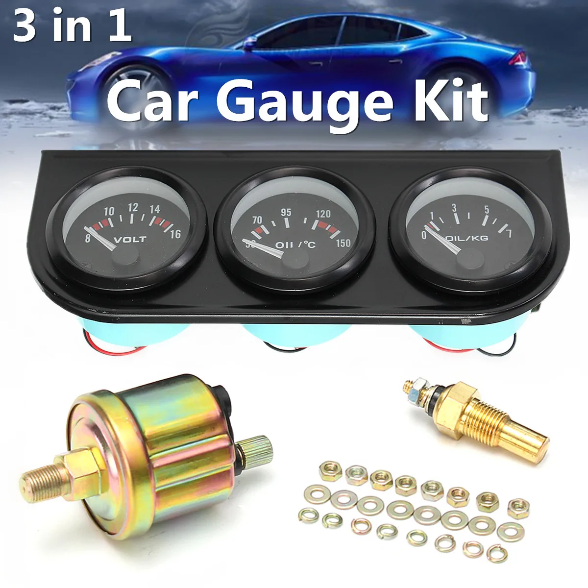 Car Triple Gauge Kit Voltmeter Water Temp 1 set DC 12V 2 Inch 3 in Oil