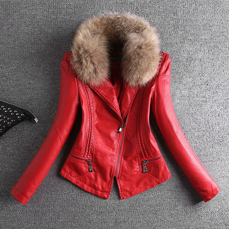 Women Leather Jacket Fur Collar Women Winter Leather Jacket Fur 4xl