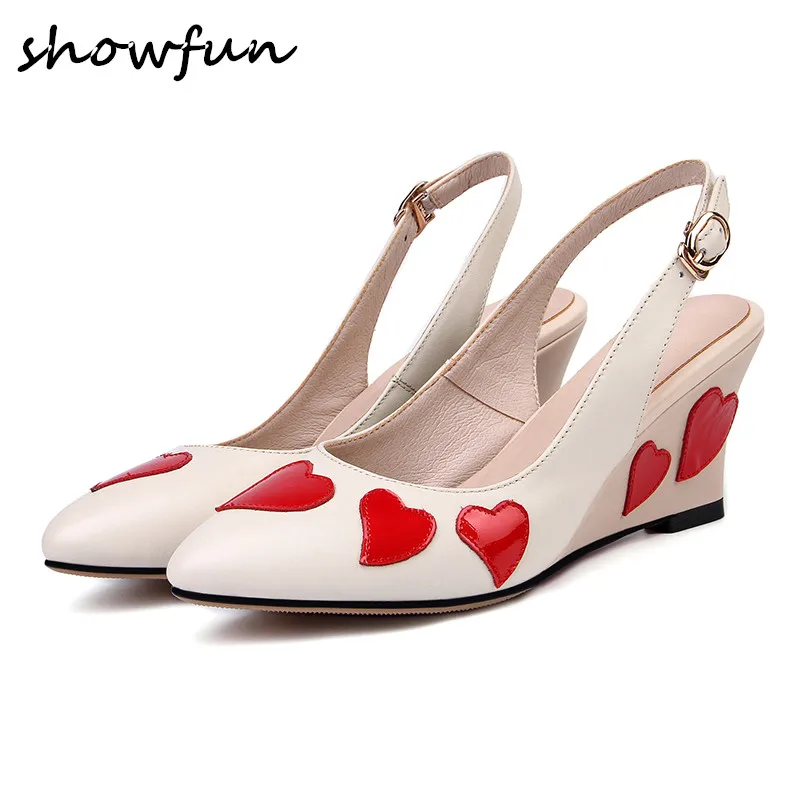 

Women's genuine leather wedge slingback slip-on pumps brand designer Heart-shaped cute korean style high heel comfortable shoes
