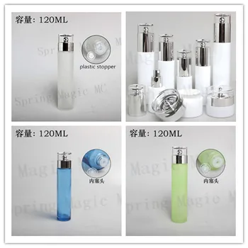 

120ML Frosted/White/Green/Blue Glass Bottles With Plastic Stopper Silver Lid For Water/Cleaning/Moisturizing Cosmetic Containe