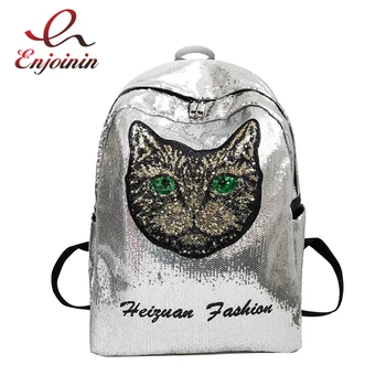 

Trend Sequin Cute Cat Pattern Gradient Color Female Casual Backpack Girl's Travel Backpack School Bag For Women Backpaack