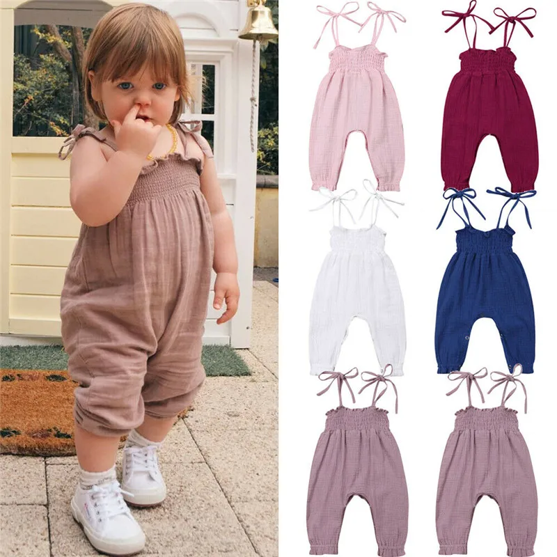 

Casual Newborn Toddler Baby Girl Solid Romper Sleeveless Strap Lace-up Sunsuits Sling Long Pants Playsuits Baby Girl Clothes