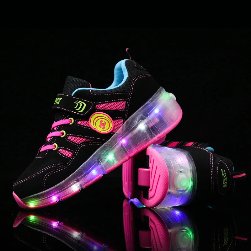 Детей колеса светящиеся кроссовки Мода Мальчики Девочки световой Heelys светодио дный легкая обувь Дети Повседневное Shoes72