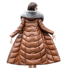 Высокое качество, зимний женский пуховик из овечьей кожи,, большой воротник из меха лисы, пальто с капюшоном для женщин, большие размеры, плотные теплые длинные пальто