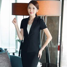 Новинка, черные модные летние рабочие костюмы с 2 топами и юбкой, Женский деловой костюм, дамские блейзеры