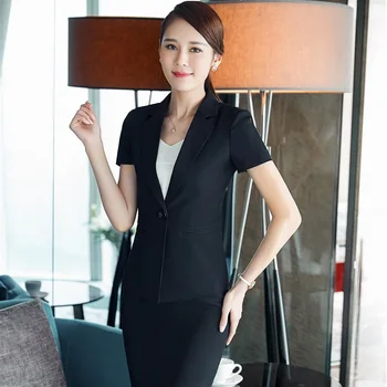 

Novelty Black Fashion 2017 Summer Work Suits With 2 Pieces Tops And Skirt Professional Business Women Ladies Blazers Outfits