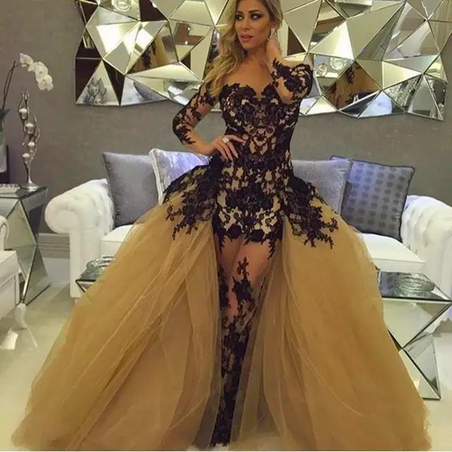 Aliexpress.com : Buy Robe de Soiree Longue Ball Gown Gold Evening Dress with Detachable Skirt