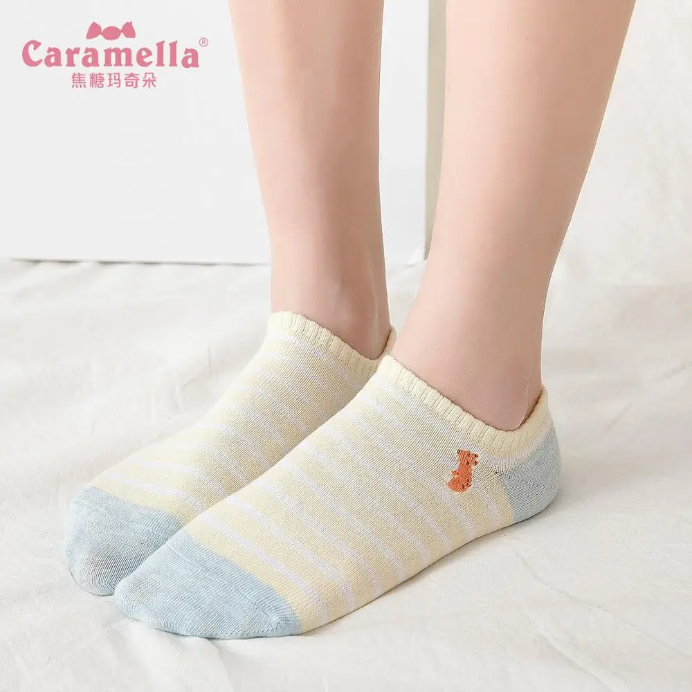 

Caramella 4Pairs/Lot Cotton Women Socks Spring Summer Cute Cartoon Causal Socks Soft Teenager Stripe Invisible Socks Breathable