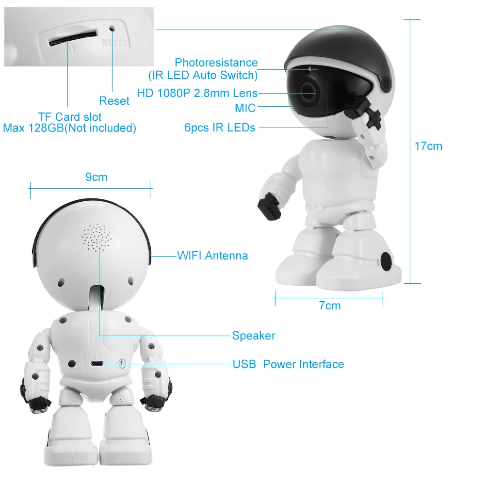 1080 P HD робот безопасности Wi-Fi IP Камера WiFi наклона Камера Поддержка P2P двухстороннее аудио телефон приложение Управление с TF слот для карты