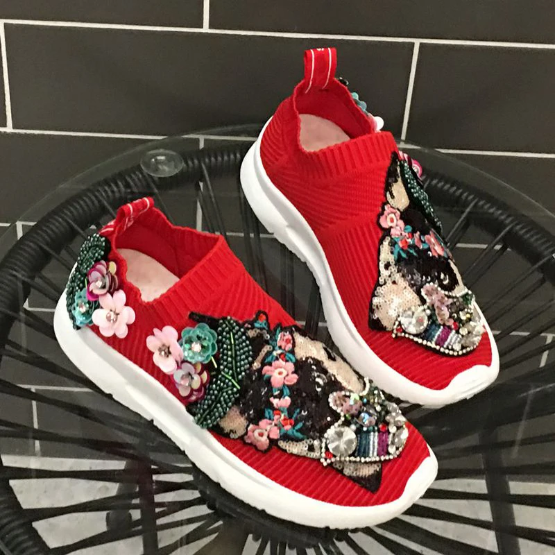 Rhinestones Sneakers Women Shoe Fashion Crystal Gemstone Sneakers Causal Shoes Woman Red Flat Shoes Ladies Girls WK122