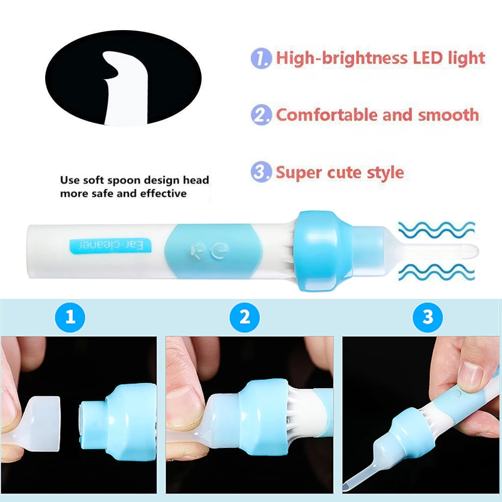 Электрический светодиодный карманный очиститель для ушей детский воск Электрический массажный набор для удаления мягких ушных восков очиститель для ушей кюретка для детей