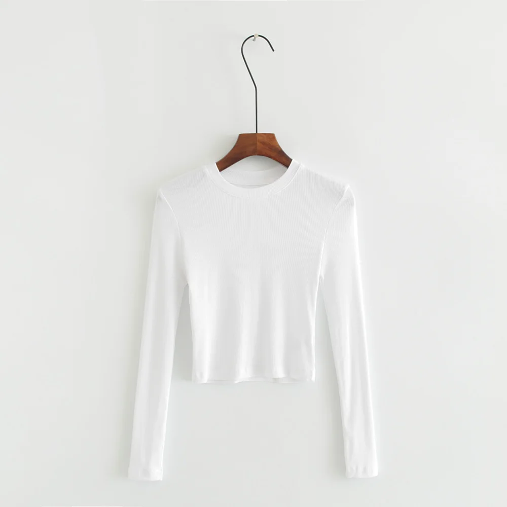 Женская футболка с круглым вырезом в рубчик с длинным рукавом, облегающая укороченная футболка, топы азиатского размера - Цвет: white