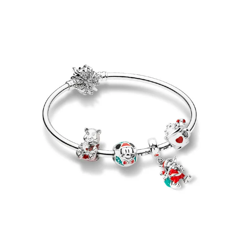 

925 Sterling Silver Pandora Bangle Mix Enamel Santa Mickey & Gift Bag Snake Chain Bracelet Bangle Fit Bead Charm Diy Jewelry