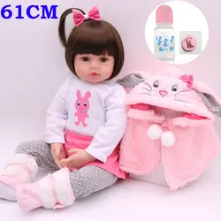 Bebes reborn NPK Кукла реборн 24 "61 см Виниловая силиконовая реборн Детская кукла с розовым кроликом ОДЕЖДА девочка кукла реборн подарки