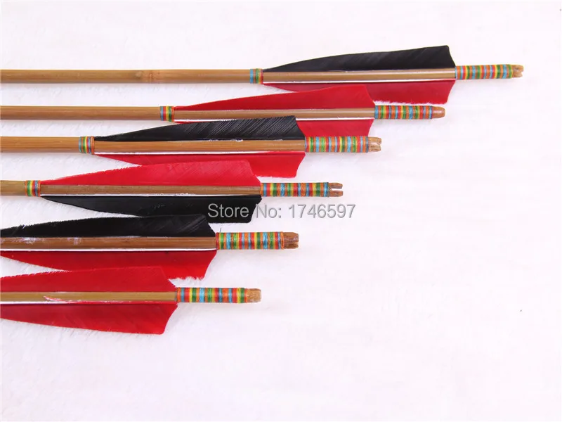 

12 handmade bamboo arrows with black and red iron pound turkey feathers 20~65 arrow for hunting and archery recurve longbow