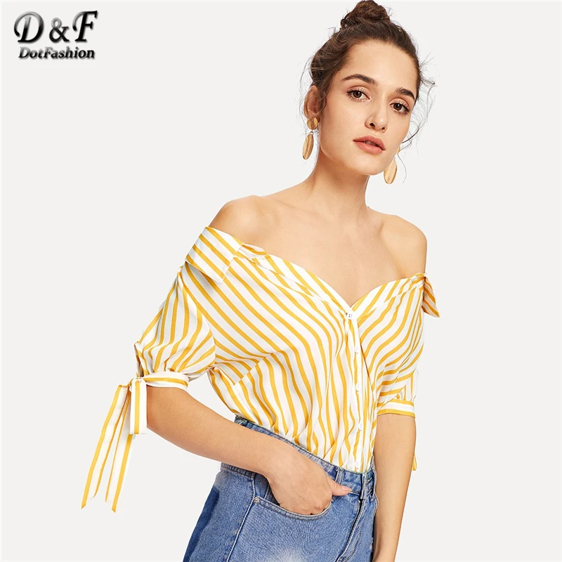 

Dotfashion Yellow Button Striped Off Shoulder Top Women Clothes 2019 Summer Boho Half Sleeve Blouse Korean Fashion Placket Shirt