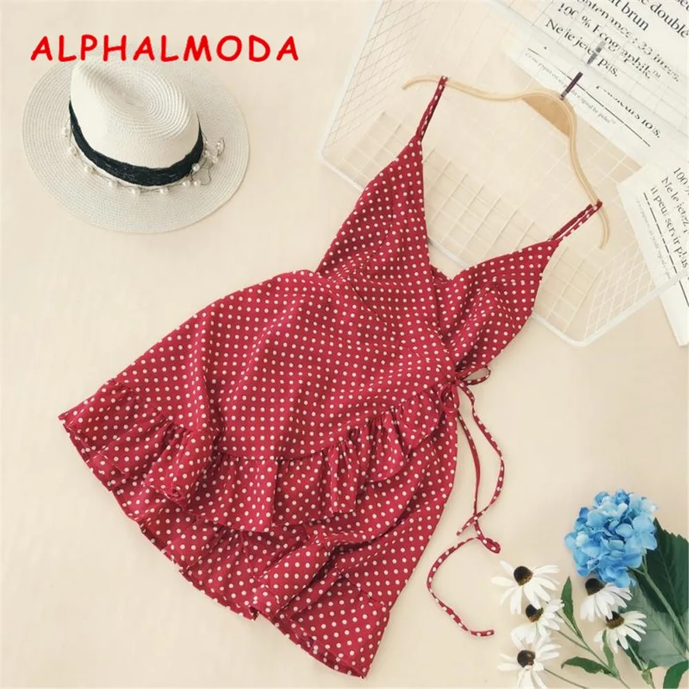 Женское платье на бретельках ALPHALMODA с оборками V образным вырезом без рукавов в