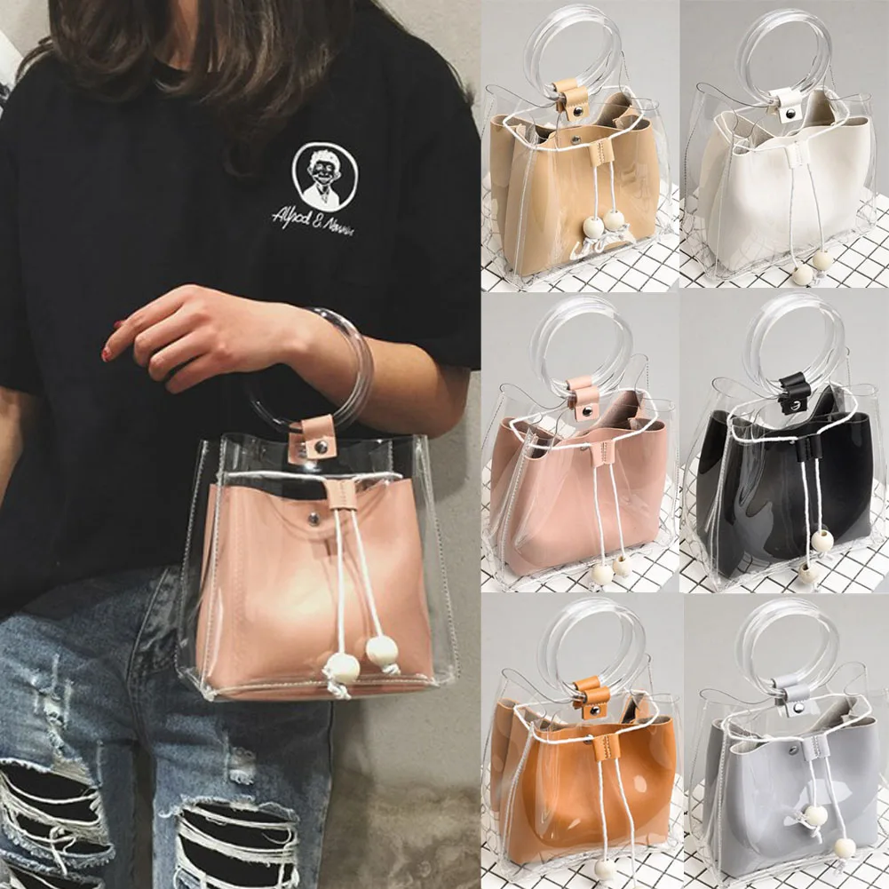 

2018 New Transparent bucket beach bag Summer women Handbags 2Pcs chains Jelly Silicone Round handle Crossbody bag Clear Purse