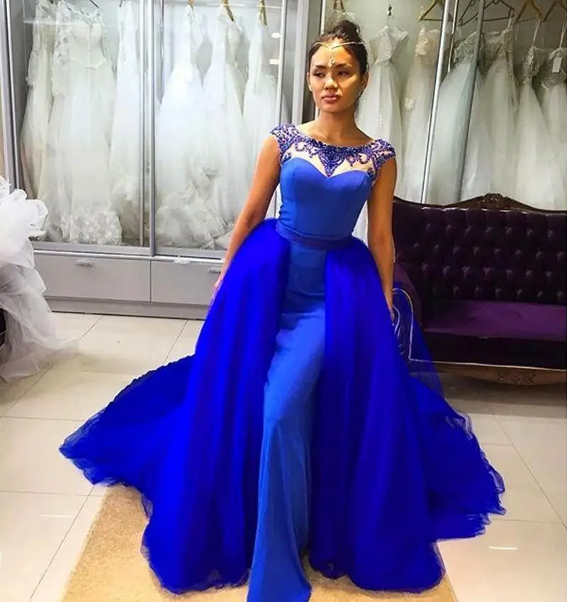 Long Fitted Prom Dresses 2016 Royal Blue Scoop Neckline Crystal Beaded