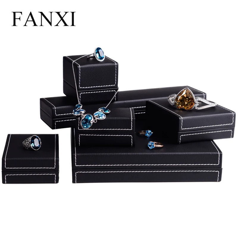 

FANXI Black Leather Jewelry Gift Box with Plush internal Ring Earring Pendant Box Necklace Bracelet Packaging Storage