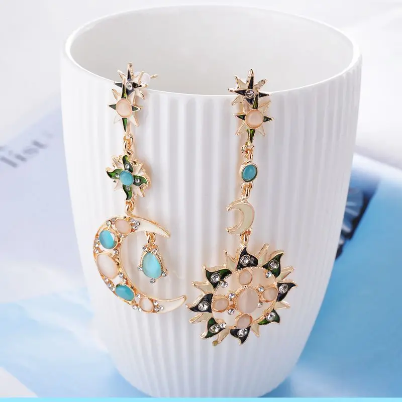 

Women Girls Fashion Star Sun Moon Rhinestone Earrings Green Big Long Pendant Crystal Dangle Earring Charms Jewelry Gifts