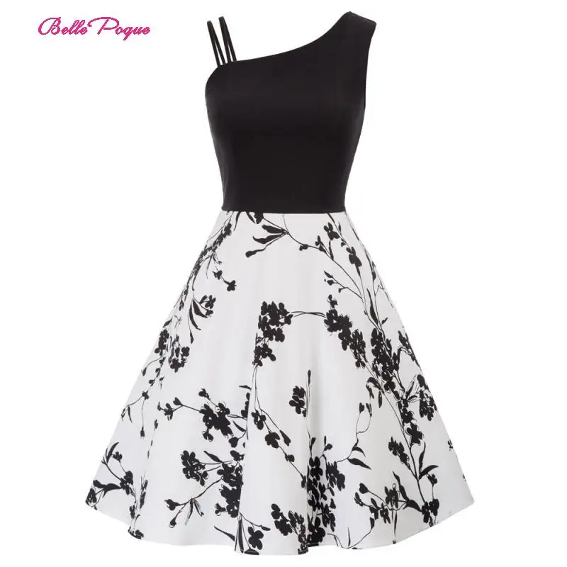 

Belle Poque Retro Women Vintage Dress Sleeveless cold shoulder Black & Floral Pattern Patchwork Flared A-Line Party Picnic Dress