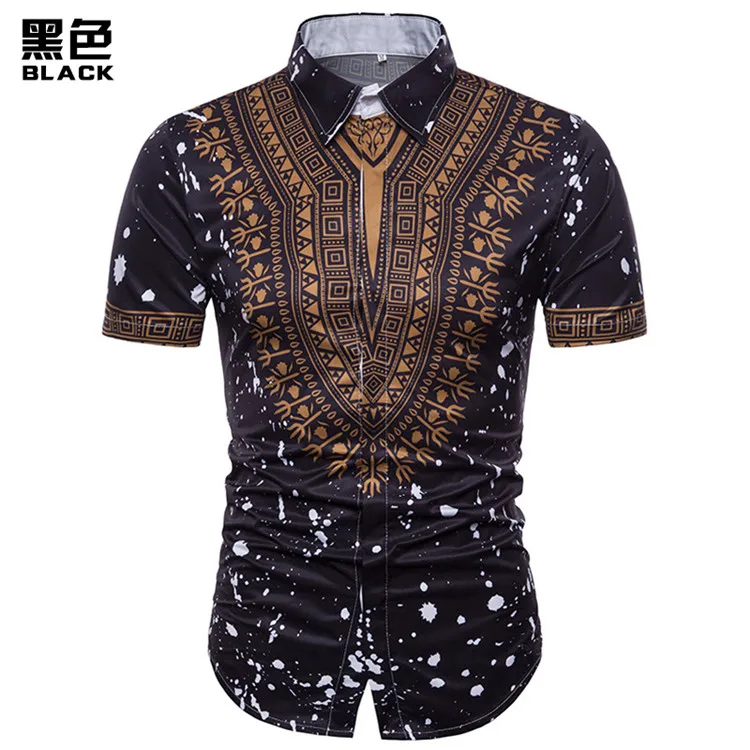 Летняя новая рубашка для мужчин с короткими рукавами, модное Африканское платье Дашики, повседневная мужская рубашка, брендовые рубашки, Мужская сорочка Homme - Цвет: Black