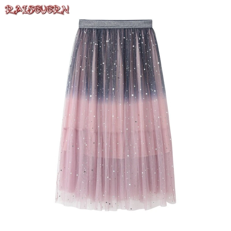 Корейские звезды расшитые блестками слоистые тюлевые балетные пачки Длинные юбки весна галактика сетка Звездное металлик Сладкий фея гофрированные длинные юбки