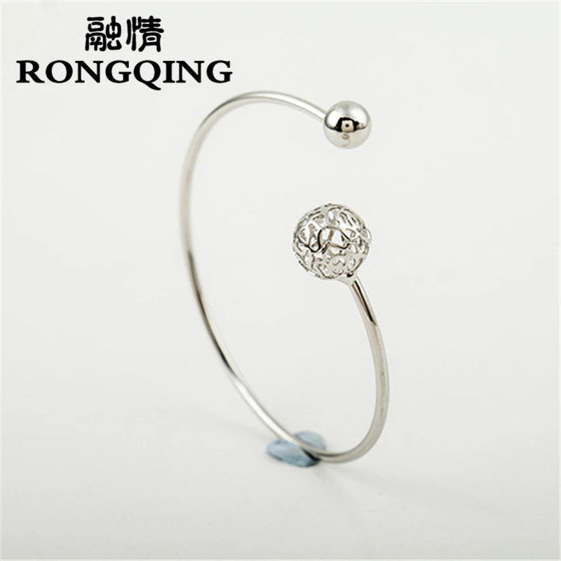 

RONGQING Classic Solid Ball and Hollow Ball Open Size Bracelet Women Simple Adjustable Bracelet Bangles