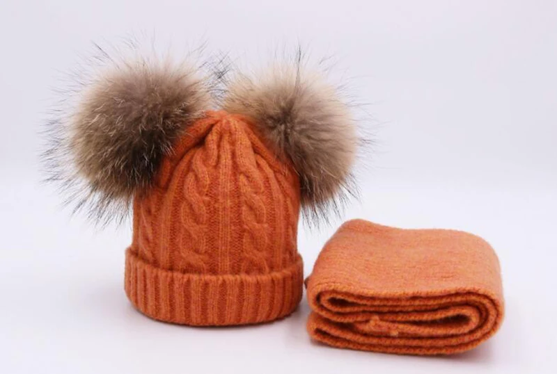 ZJBECHAHMU, натуральный Лисий мех, норка, помпоны, 15 см, Skullies Beanies, шапки для детей, для девочек, зимние шерстяные теплые шапки, шарф, новинка, Snapback шапки - Цвет: Children 01