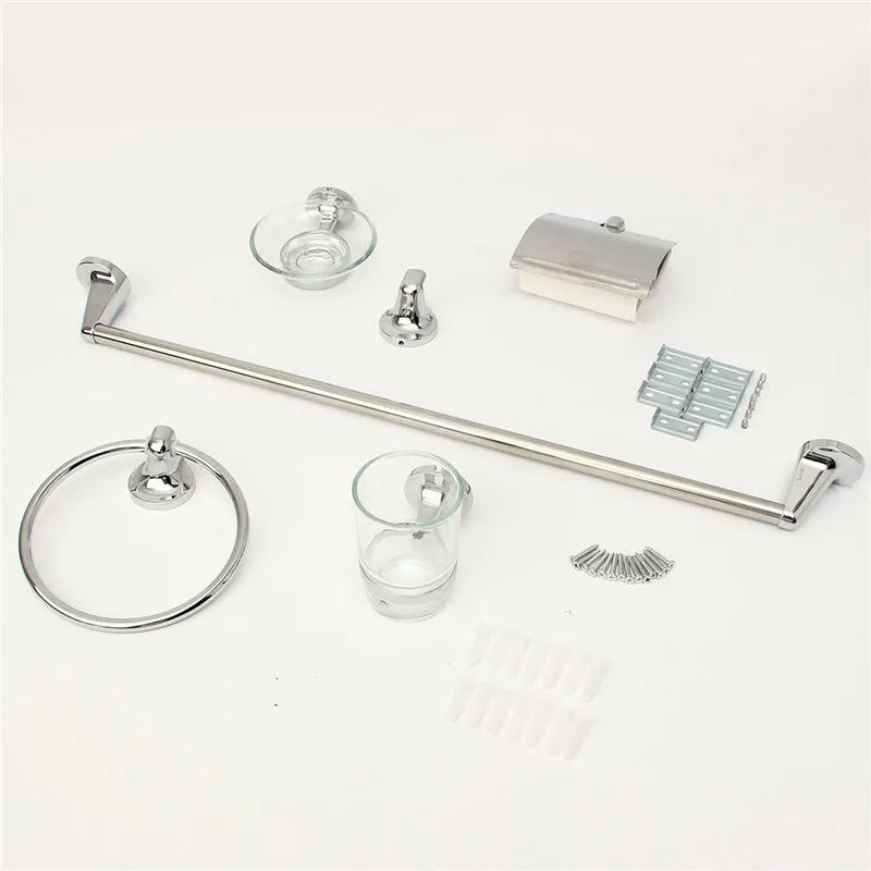 

Bath Hardware Sets Home Bathroom Toilet Satinless Steel Chrome 6 Accessory Set WC Roll Holder Soap Toothbrush Towel Hook