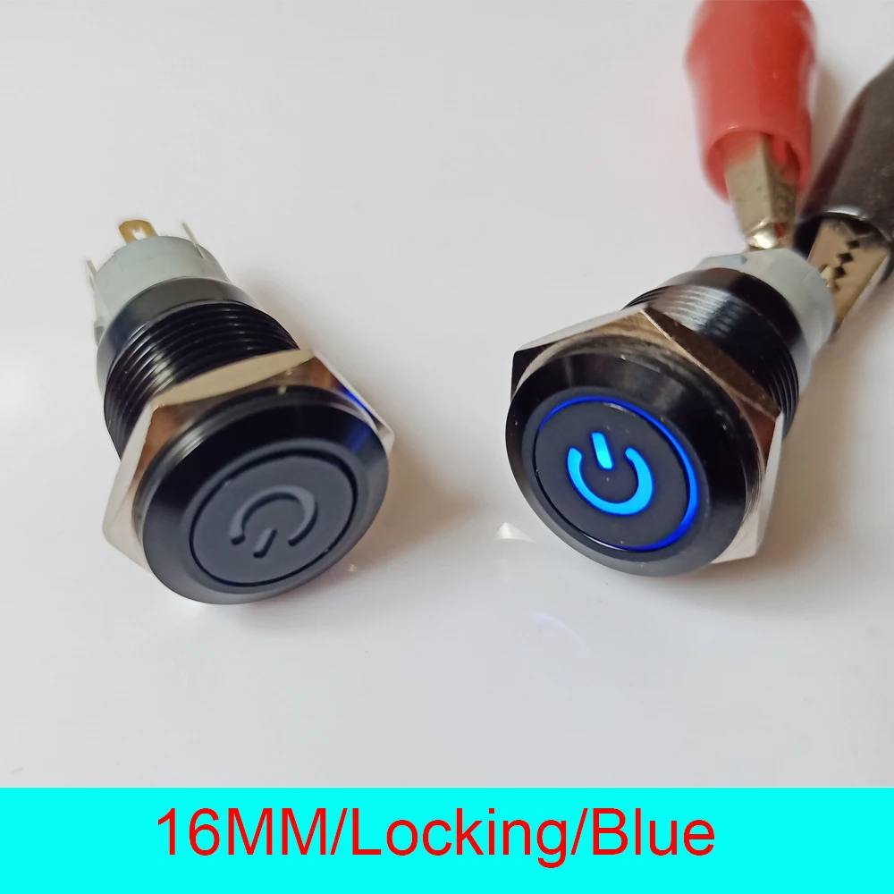 

50pcs 16mm IP67 Waterproof Self Locking Latching ON/OFF 12V LED Illuminated Black Power Metal Push Button Switch