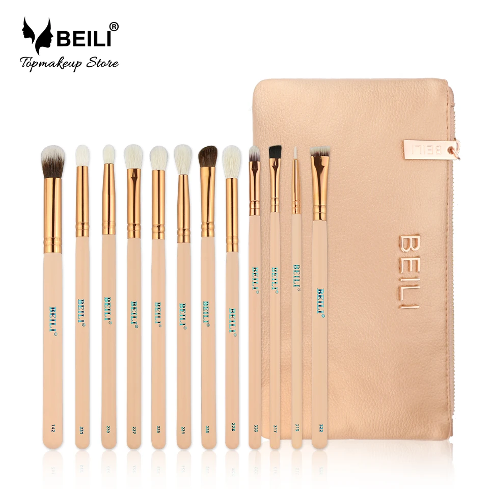 

BEILI 12pcs Makeup Brushes Set Rose Golden 100% Natural bristles Goat Pony Synthetic Hair Eye shadow Blending Eyeliner Contour