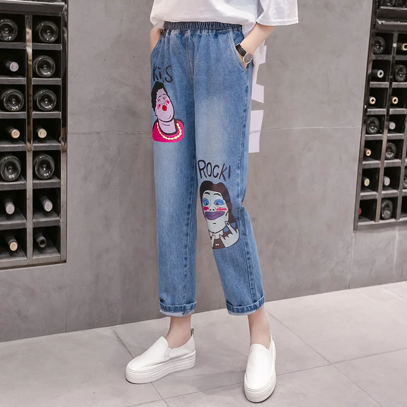 100Kg 5Xl Plus Size Women Jeans Elastic Waist Character Cartoon Print Jeans Casual Baggy High Waisted Mom Jeans Cintura Alta