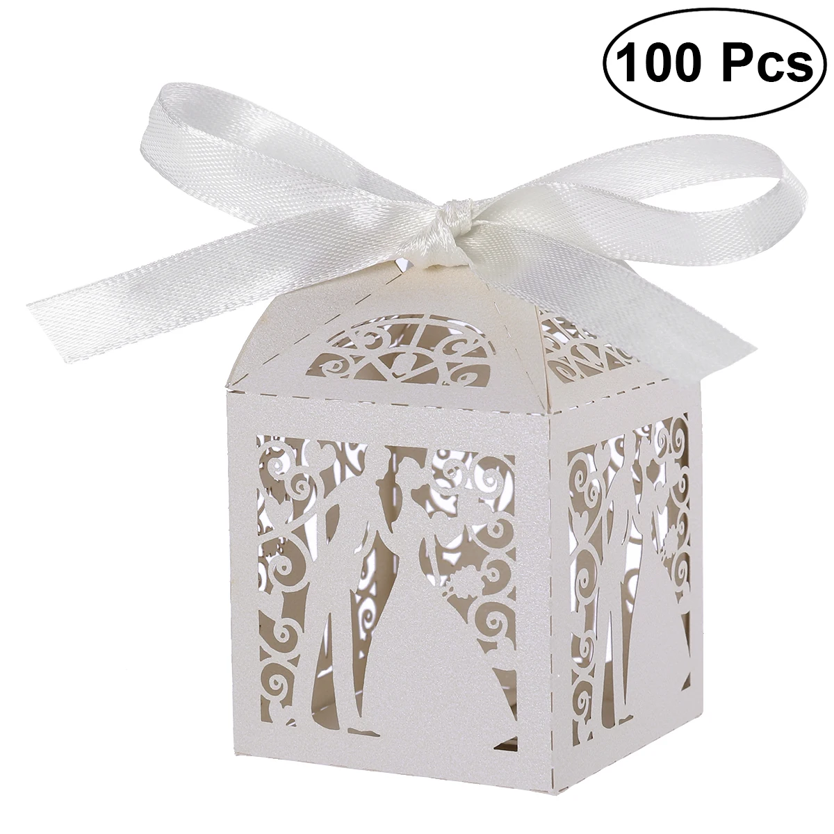 

100pcs Couple Design Luxury Lase Cut Wedding Sweets Candy Gift Favour Boxes With Ribbon Table Decorations