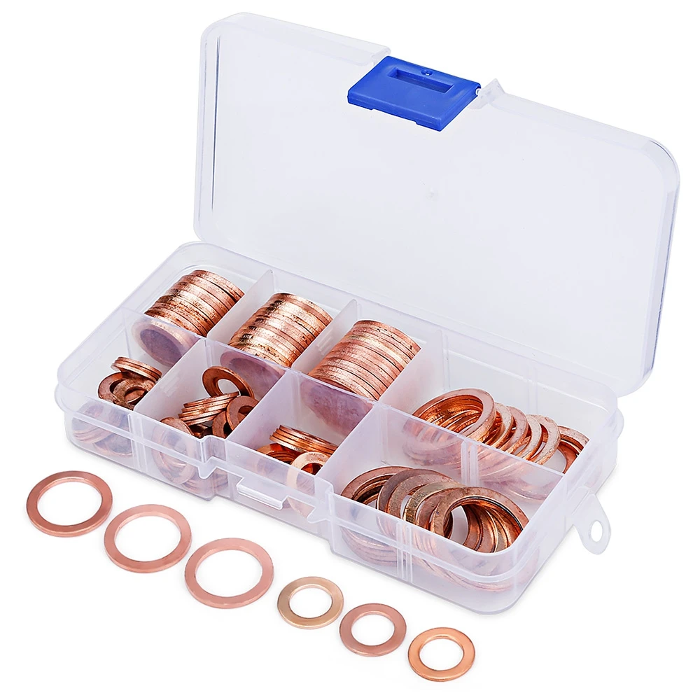 

100% brand new 120pcs Auto Solid Copper Washers 8 Sizes Assorted Flat Ring Sump Plug Oil Seal Car Full Set Gaskets kit with box