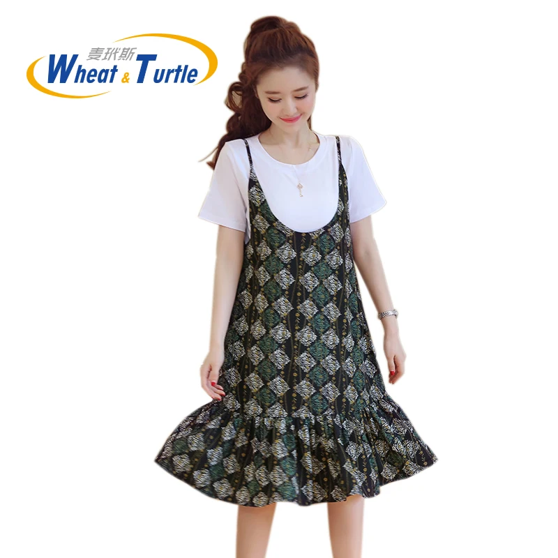 

Mother Kids Maternity Clothing Dresses Half SleeveT-Shirt+Dress 2Pcs Cotton Pleated Boat Neck Summer Dress For Pregnant Women